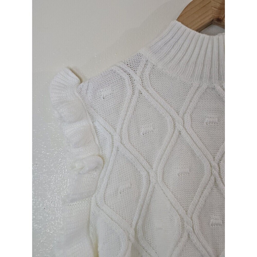 Allegra K White Cable Knit Sweater Vest Ruffle Sleeve Mock Neck Top Size M - Picture 4 of 11